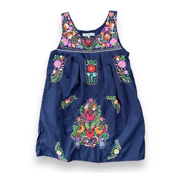 Erica Maree Hand Embroidered Mini Dress Fits Sz S Sleeveless Navy Blue Colorful - Picture 9 of 11
